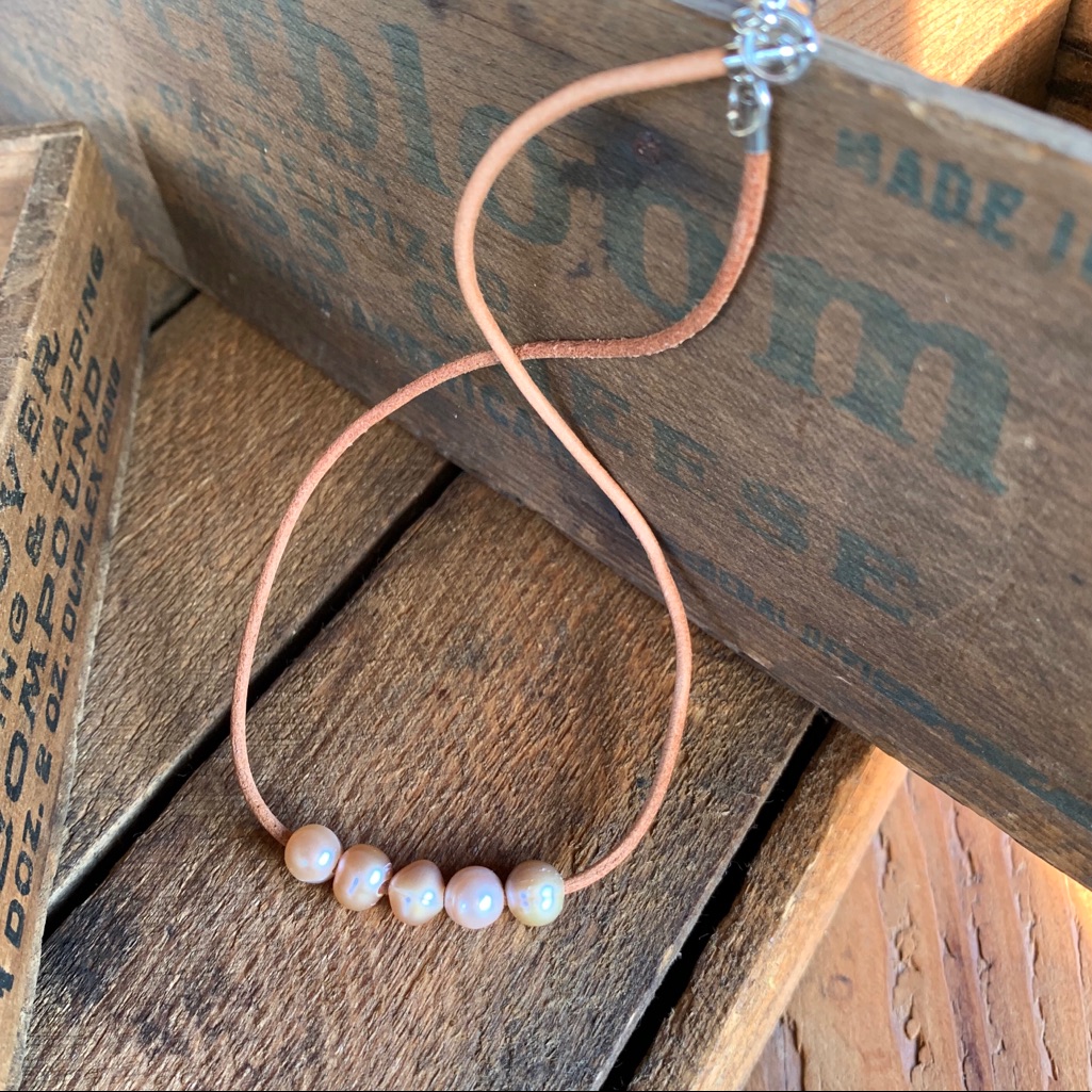 Rustic Boho Natural Pearl + Leather Choker